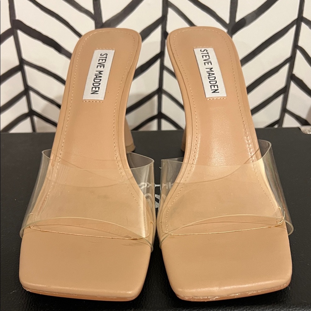 Steve Madden Nude/Tan Clear Strap Slide Heels